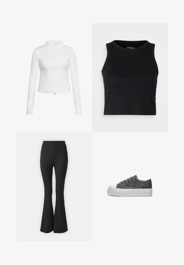 Bílá zipová bunda s dlouhými rukávy, hladkou texturou, přiléhavým střihem a zakřivenými švy po stranách.; Černý žebrovaný krátký top bez rukávů s kulatým výstřihem. Vyrobeno z měkké a elastické látky, s čistými zakončenými lemy.; Černé rozšířené kalhoty vyrobené z elastického materiálu. Mají vysoký pas a hladký, přiléhavý design, který se rozšiřuje od kolene dolů.; Šedé denimové tenisky s bílou gumovou podrážkou, s roztrhanými okraji, šedými tkaničkami a zaobleným designem špičky. Klasický nízký styl.