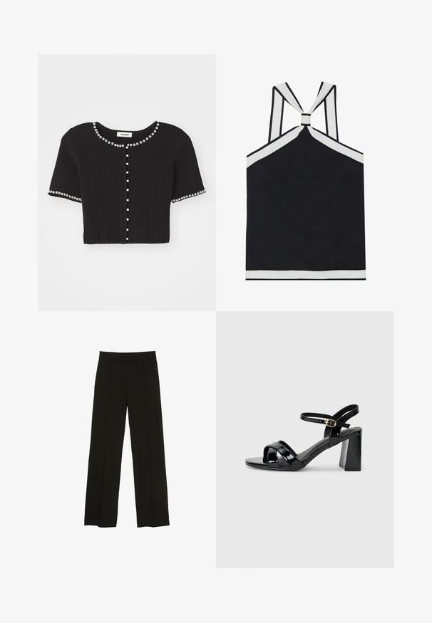 Černý zkrácený pletený svetr s kulatým výstřihem a krátkými rukávy, zdobený bílými květinovými akcenty a perlami podobnými knoflíkům.; Černý halter top s bílými akcenty, s uzlovým designem na zádech, texturovaným povrchem a přiléhavou siluetou. Jednoduchý a moderní.; Černé široké kalhoty vyrobené z hladké tkaniny, s dobře padnoucím pasem a jemnými předními klíny pro zvýraznění textury.; Černé lakované kožené sandály na vysokém podpatku s blokovým podpatkem, které mají křížové přední pásky a nastavitelný kotníkový pásek se zlatou sponou.