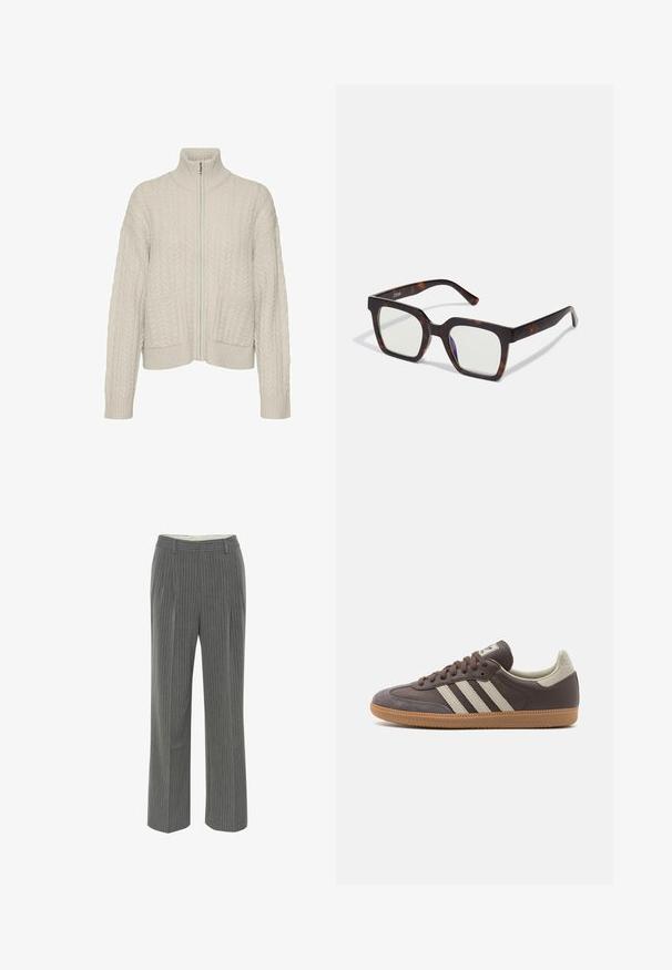 Licht beige kabelgebreide cardigan met hoge kraag, volledige rits, twee voorzakken en geribbelde zoom en mouwen. Zachte textuur, ontspannen pasvorm.; Witte blouse met lange mouwen en een klassieke kraag, met een sluiting aan de voorkant met knopen en geplooide details aan de zijkant. Glad materiaal met een getailleerde pasvorm.; Grijze gestreepte broeken met een getailleerde pasvorm, een platte voorkant en een brede pijpdesign. Gemaakt van een gladde, lichte stof.; Bruine leren sneaker met drie lichtgekleurde strepen, rubberen gumzool, ronde neus en gestructureerde nubuck accenten op de hiel en neus.; Vierkante zonnebril met een frame van schildpad-acetaat en heldere lenzen. Heeft brede pootjes en een matte afwerking, wat de algehele duurzaamheid verhoogt.; Crème leren schoudertas met een halve maan vorm, dunne schouderband en subtiele stiksels. Minimalistisch ontwerp met gouden hardware accenten.