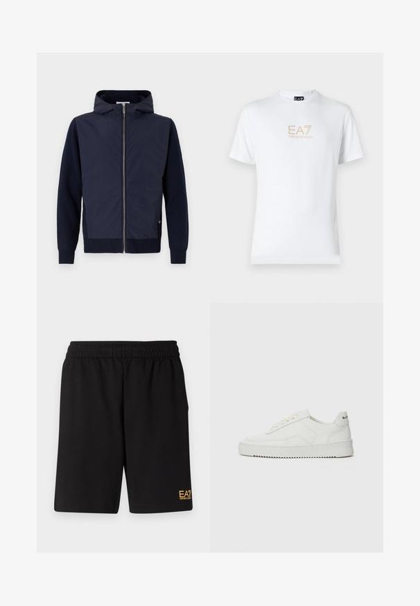 Mornarska kapušča kombinira gladko, lahko zunanjost z rebrastimi pletenimi rokavi in robom. Sprednje zadrge s subtilno podrobnostjo logotipa.; Bela bombažna majica s krožnim izrezom in kratkimi rokavi, s pozlačenim logotipom EA7 Emporio Armani natisnjenim spredaj.; Črne športne kratke hlače iz mehkega blaga, z elastičnim pasom in majhnim rumenim logotipom EA7 na spodnjem levem delu noge.; Bela usnjena športna obutev z gladko površino, okroglo prst, ravne vezalke in teksturiran podplat. Ima diskretno logo na peti.