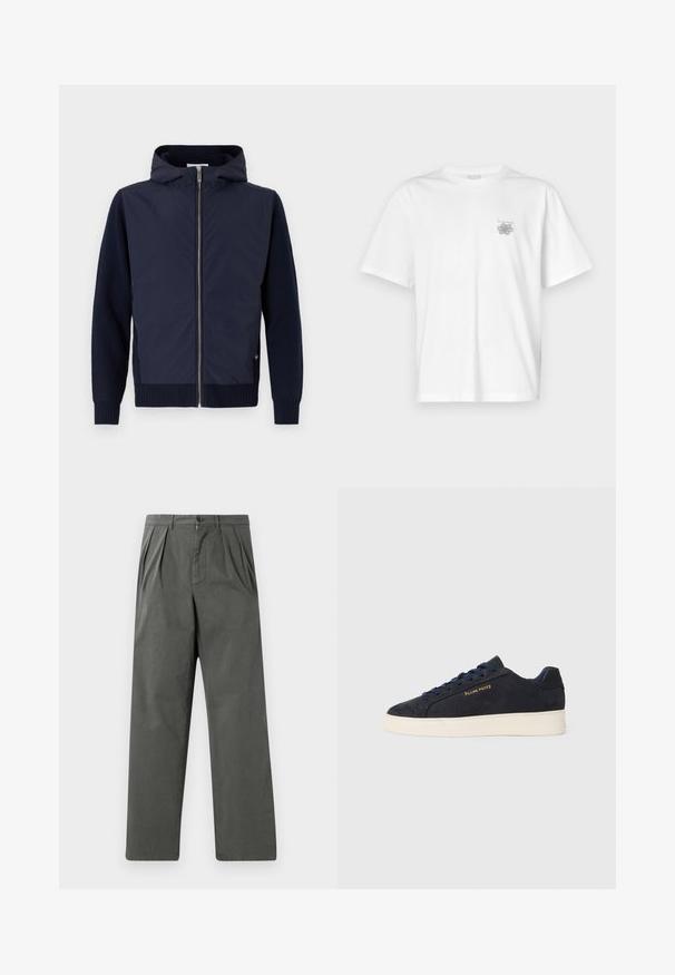 Tumesinine kapuutsiga jope ühendab sujuva, kerge välistasku ribastatud kudumise varrukate ja alumise servaga. Keskmine lukku sulgemine koos diskreetse logo detailiga.; Valge puuvillane T-särk lühikeste varrukatega, ümmarguse kaelusega ja väike hall logo vasakul rinnaosal. Sile tekstuur.; Kerged, volditud püksid tumesinises puuvillas, sirge säärega disainiga. Omab eesmist nööbiklappi ja vöölõikeid.; Tumedat sinine seemisnahast madala profiiliga tennis, valge tossutald, tumesinised paelad ning küljes kuldne "Filling Pieces" logo.