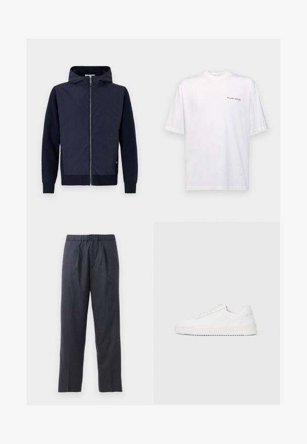 Die marineblaue Kapuzenjacke vereint ein glattes, leichtes Außenmaterial mit gerippten Strickärmeln und -saum. Zentrale Reißverschluss mit subtilen Logodetails.; Weißes kurzärmliges T-Shirt aus Baumwolle mit V-Ausschnitt, mit einem schwarzen "FILLING PIECES" Logo, das auf der linken Seite gedruckt ist.; Dunkelblaue Hose aus weichem Stoff mit gef alteter Vorderseite und elastischem Bund. Verfügt über einen Knopfverschluss und gerades Bein.; Weißer Sneaker mit einem Obermaterial aus glattem Leder, abgerundetem Zehenbereich, Schnürsenkeln, strukturierten seitlichen Akzenten und einer dicken Gummisohle. Minimalistisches Design.
