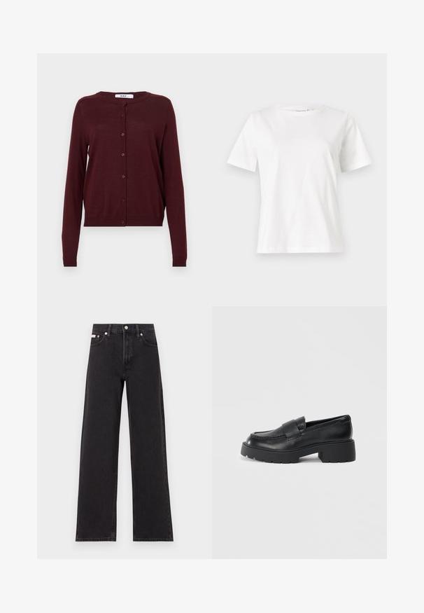 Burgundia kardigan, mis on valmistatud kergest kudumisest, pikal varrukal, ümmarguse kaelusega ja kuue nööbiga ees.; Valge puuvillane T-särk lühikeste varrukatega, ümmarguse kaelusega ja vabalt istuv. Sile tekstuur, ilma mustrite ja aktsentideta, minimalistik disain.; Mustad laiad mustad teksad, millel on kõrge vöökoht, viie tasku stiil ja metallist nööpkinnitus kontrastsete õmblustega.; Musträid nahast loafertossud struktureeritud viimistlusega, millel on ristkülikukujuline rihm vampi üle ja jäme, soonikuga talla disain.