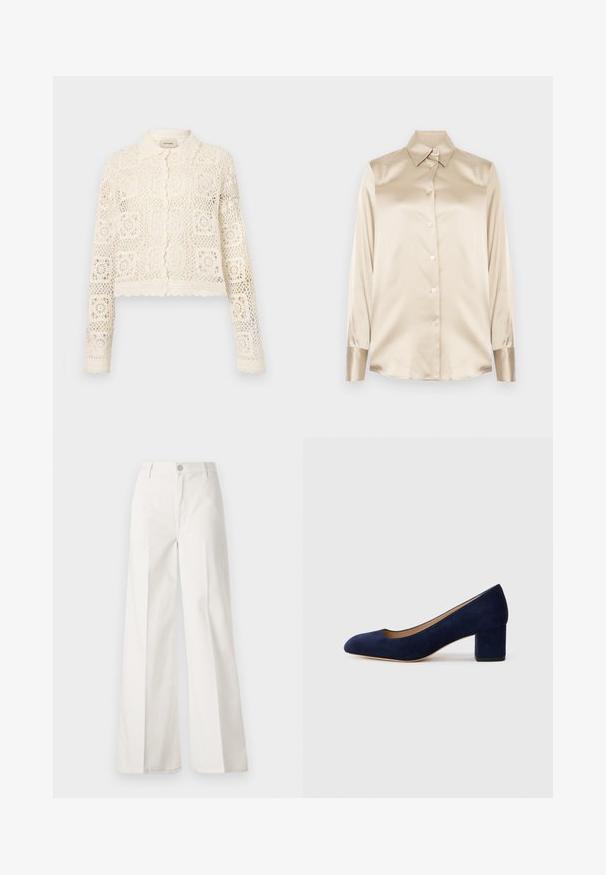 Bela kvačkana jakna s ovratnikom, ki se ponaša s zapletenim kvadratnim vzorcem, dolgimi rokavi in valovitimi robovi. Zapenjanje spredaj s gumbi.; Bež satenasta srajca z ostrim ovratnikom, dolgimi rokavi, z zapiranjem na gumbe in manšetami v nekoliko bolj sijočem finishtu. Brez vzorcev ali dodatkov.; Bele široke hlače iz bombaža z gladko teksturo. Imajo gumb spredaj, zadrgo in zasnovo z štirimi žepi.; Temno modri nubuk čevlji s koničastim nosom in srednje visokim blokom. Gladka tekstura z diskretnim sijajem in majhnim izrezom spredaj.