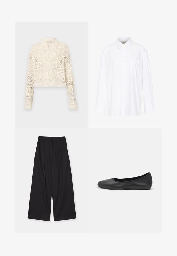 Bílý háčkovaný kardigan s límcem, který má složitý čtvercový vzor, dlouhé rukávy a vlnité okraje. Zapínání na knoflíky vpředu.; Bílá košile s dlouhým rukávem a límečkem vyrobená z bavlny. Má knoflíkovou přední část a jedno kapsičku na prsou. Hladký povrch, volný střih.; Černé kalhoty s širokými nohavicemi vyrobené z hladké tkaniny, s vysokým pasem, předními sklady, zapínáním na knoflík a rovnou siluetou.; Černé kožené baletní byty s kulatou špičkou, hladkou texturou, minimálními švy a flexibilním designem podrážky.
