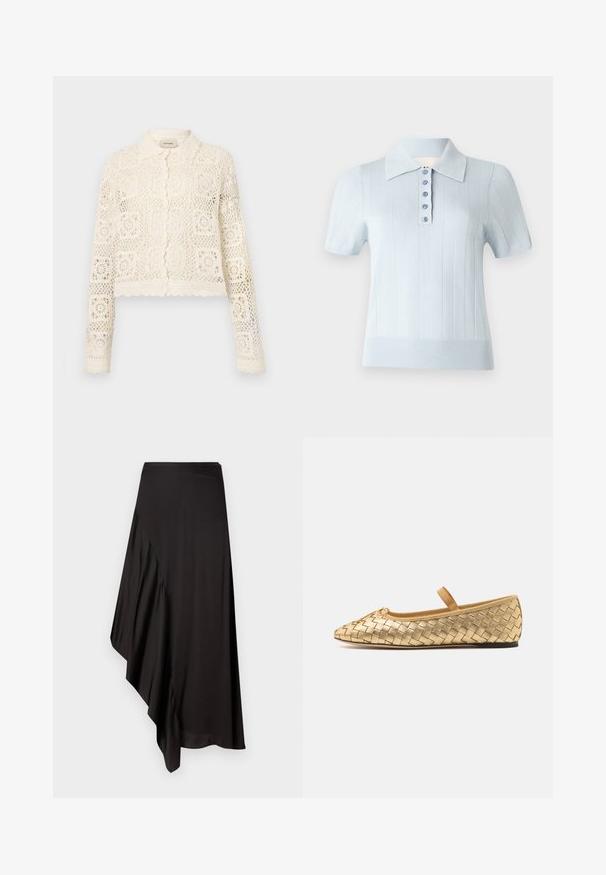 Biały kardigan szydełkowy z kołnierzem, charakteryzujący się skomplikowanym kwadratowym wzorem, długimi rękawami i falbaniastymi brzegami. Zapięcie na guziki z przodu.; Jasnoniebieska koszulka polo z krótkim rękawem o prążkowanej fakturze, z płaskim kołnierzem i zapięciem na sześć pasujących guzików z przodu.; AERON ASTER czarny; Loeffler Randall LEONIE złoty
