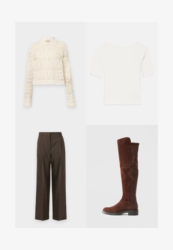 Bela kvačkana jakna s ovratnikom, ki se ponaša s zapletenim kvadratnim vzorcem, dolgimi rokavi in valovitimi robovi. Zapenjanje spredaj s gumbi.; Bela rebrasta majica s kratkimi rokavi in širokim izrezom. Tekstura prikazuje navpične črte, kar poudarja tesno prileganje in preprost dizajn.; Rjave široke hlače z gladko teksturo, ki imajo visok pas, sprednje gube in kroj po meri. Brez vidnih žepov ali okrasnih elementov.; Visoka rjava z vodoodpornim materialom in tkanino, z nizkim črnim peto in zaobljenim nosom, prikazana v bočnem pogledu na eni barvni beli podlagi.