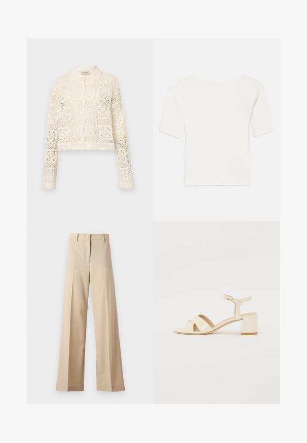 Fehér horgolt kardigán, gallérral, bonyolult négyzetmintával, hosszú ujjakkal és hullámos széllel. Elöl gombos záródás.; Fehér bordázott, rövid ujjú felső széles nyakkivágással. A textúrája függőleges csíkokkal rendelkezik, hangsúlyozva a szoros illeszkedést és az egyszerű dizájnt.; Beige színű, bő szabású nadrág sima anyagból, lapos elejével, redőkkel, cipzáras záródással és övhurkokkal. Összességében testreszabott szabású.; Beige lakkbőr magassarkú szandál, kereszttartós kialakítással, nyitott orral, állítható bokapánttal és tömbsarokkal. Sima textúrával.