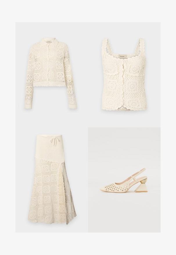 Bela kvačkana jakna s ovratnikom, ki se ponaša s zapletenim kvadratnim vzorcem, dolgimi rokavi in valovitimi robovi. Zapenjanje spredaj s gumbi.; Kremasti kvačkani top s valovitim rubovima in kvadratnimi motivi. Ima nastavljive naramnice in zapiranje na gumb. Narejen je iz teksturirane, lahke tkanine.; Kvačkana krila z teksturiranim kremnim zgornjim delom in spodnjim delom z zapletenim kvadratnim vzorcem. Nastavljiva vrvica v pasu.; Beige sandal s peto s perforirano zgornjo stranjo, s koničastim nosom in kontrastno trikotno peto, ki ima zlat akcent. Splošno gladka tekstura.
