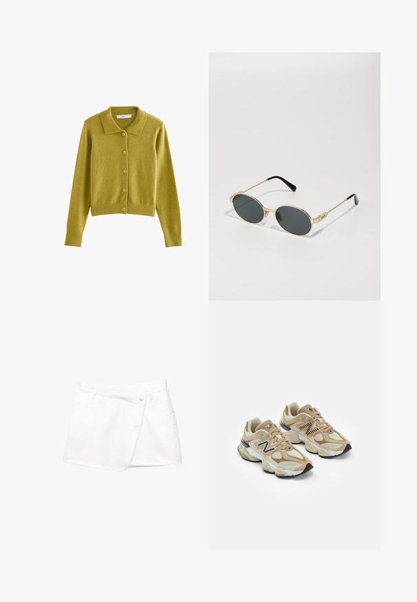 Knopenkaartigan in mosterdgeel, met een klassiek kraag, ribbelzoom en manchetten, gemaakt van zachte, gestructureerde stof.; Effen wit T-shirt van katoen met een ronde hals, korte mouwen en een relaxte pasvorm. Glad textuur zonder patronen of accenten.; Witte denim minirok met een wikkeldesign, voorzien van een knoopsluiting aan de voorkant, twee zijzakken en een soepele textuur.; Beige sneakers van mesh en nubuck materialen. Bevat een zwart logo en gegrandeerde accenten. Dikke witte tussenzool en zwarte rubberen buitenzool.; Gouden metalen zonnebril met ovale lenzen en donkere getinte lenzen. Zwarte acetaattips op de armen. Merkennaam "QUAY" aan de zijkant.; Witte leren handtas met gouden beslag, voorzien van een flapsluiting en een afneembare, verstelbare band. Ronde metalen accenten in het midden.
