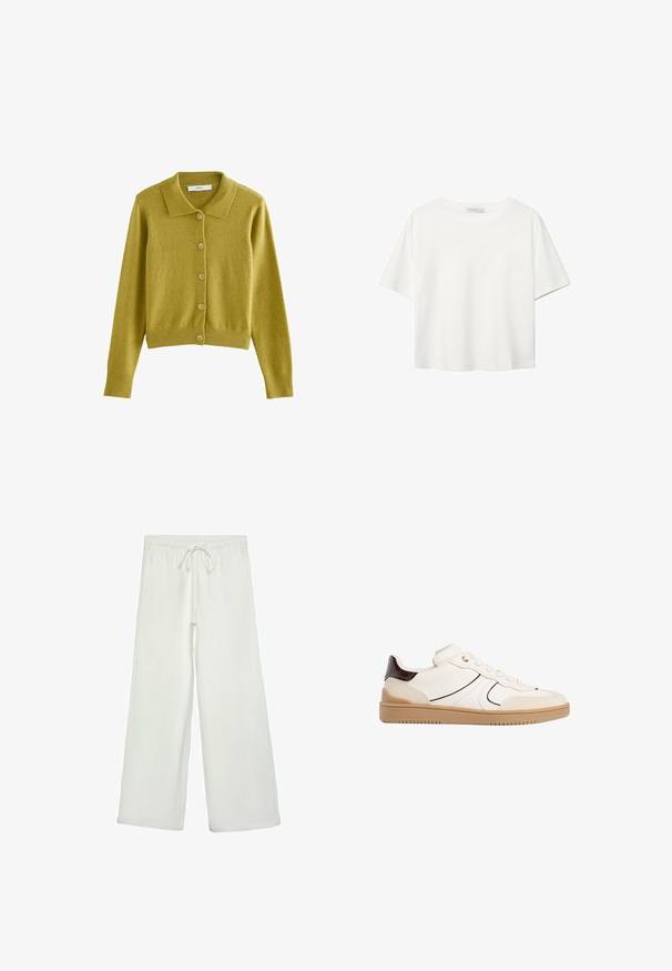 Cardigan à boutons en jaune moutarde, mettant en avant un col classique, un ourlet et des poignets côtelés, fabriqué à partir d'un matériau doux et texturé.; T-shirt blanc à manches courtes en coton. Doté d'un col ras du cou et d'une coupe décontractée. Texture lisse sans motifs ni accents visibles.; Pantalons larges blancs en tissu doux. Dotés d'une taille élastique avec cordon de serrage et d'une texture lisse. Aucuns motifs visibles ni éléments en métal.; Stradivarius Baskets basses - white