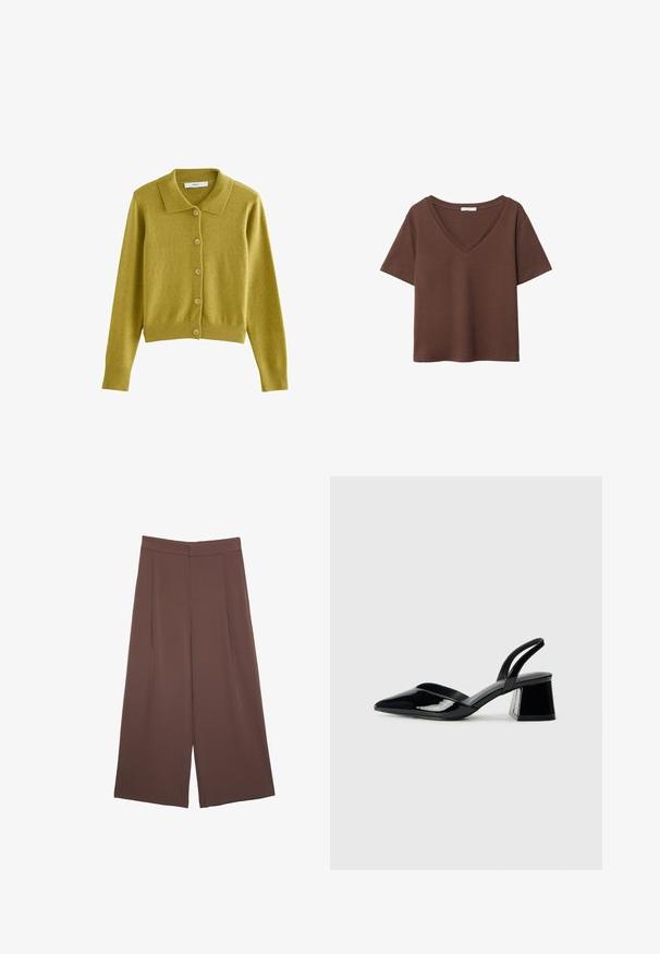 Kardigan zapinany na guziki w kolorze musztardowym, z klasycznym kołnierzykiem, prążkowanym dołem i mankietami, wykonany z miękkiego, teksturowanego materiału.; Brązowy bawełniany t-shirt z krótkimi rękawami i głębokim dekoltem w kształcie litery V. Prosty design, miękka faktura i prosty krój u dołu. Brak wzorów i akcentów.; Brązowe spodnie o szerokich nogawkach z gładką fakturą, z wysokim stanem i plisami z przodu. Materiał jest lekki i luźno opada.; Czarne lakierowane półbuty na obcasie z wydłużonym noskiem i geometrycznym słupkiem. Charakteryzują się eleganckim, minimalistycznym designem oraz gładką fakturą.