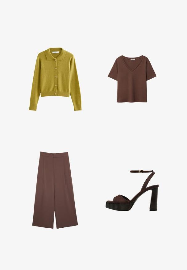 Hnědý button-up cardigan v hořčicově žluté barvě, s klasickým límcem, žebrovaným lemem a manžetami, vyrobený z měkkého, strukturovaného materiálu.; Hnědý bavlněný tričko s krátkými rukávy a hlubokým V-výstřihem. Jednoduchý design, měkká textura a rovný lem. Žádné vzory ani akcenty.; Hnědé široké kalhoty s hladkou texturou, vysokým pasem a předními záhyby. Materiál je lehký a volně splývá.; Hnědé semišové sandály na vysokém podpatku s otevřenou špičkou, nastavitelným páskem kolem kotníku a proužkovou platformou.