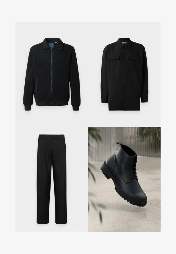 Giacca in pile nera con chiusura zip, colletto alto, polsini a coste e tasche laterali con superficie strutturata.; Camicia nera con bottoni realizzata in tessuto morbido, dotata di colletto classico, due tasche frontali e maniche lunghe con polsini a bottone.; Pantaloni neri realizzati in tessuto liscio, caratterizzati da un taglio dritto, due pieghe frontali e una vita standard con passanti per la cintura.; Stivali alla caviglia in pelle nera con punta arrotondata, design con lacci e suola in gomma robusta. Texture liscia con una linguetta sul retro.