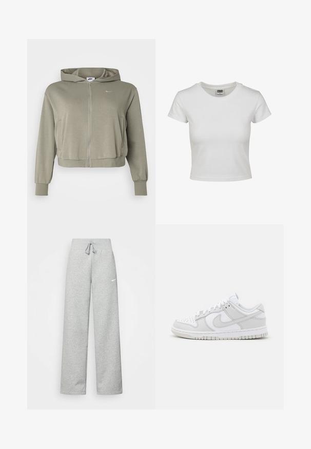 Zkrácená olivově zelená mikina s kapucí, vyrobená z měkké látky, s předním zipem, klokankovými kapsami a malým logem na levé hrudi.; Bílý bavlněný tričko s klasickým kulatým výstřihem, krátkými rukávy a přiléhavým střihem. Žádné vzory ani akcenty nejsou viditelné.; Šedé tepláky s elastickým pasem, detaily se šňůrkou a malým bílým logem Nike na levém stehně. Měkká tkanina, volný střih.; Bílé kožené tenisky s šedými detaily, perforovaná špička, ploché tkaničky, polstrovaný límec a texturovaná gumová podrážka.