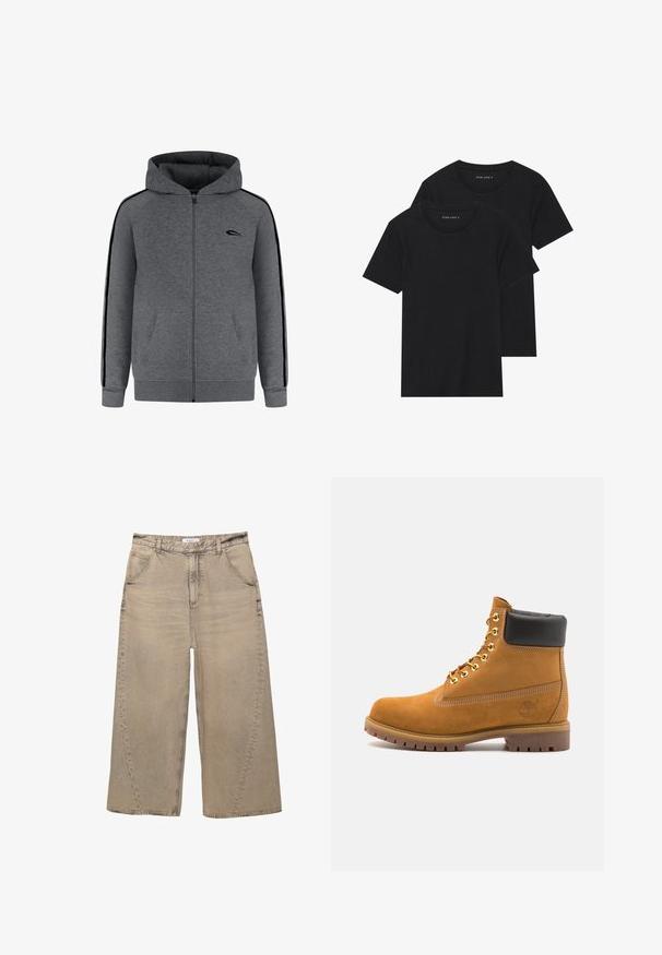 Grauer Zip-Hoodie mit Frontreißverschluss, zwei Fronttaschen und schwarzen seitlichen Akzenten. Verfügt über eine Kapuze sowie gerippte Bündchen und Saum.; Zwei schwarze Baumwoll-T-Shirts mit kurzen Ärmeln, runden Ausschnitten und einer glatten Textur, übereinander gestapelt.; PULL&BEAR MEGA BAGGY - Baggy Jeans - light grey; Beige Wildleder-Ankle-Boot mit schwarzem gepolstertem Kragen, goldenen Metallösen, weißen Nähdetalben und einer robusten Gummisohle mit ausgeprägtem Profil.