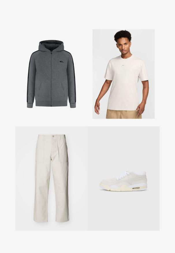Grå zip-up hoodie med dragkedja fram, två framfickor och svarta sidokanter. Har en huva och ribbad mudd vid ärmarna och i nederkant.; Man med kort lockigt hår som bär en beige Nike-t-shirt och khakishorts, vänd framåt mot en enkel ljus bakgrund.; Ljusbeige vida byxor i bomull. Har framfickor och knappstängning. Slät textur med subtila vertikala linjer.; Sneakers med en ljusbeige syntetisk ovandel, vita snörningar och synlig dämpning. Har en slät sula och subtila sidodetaljer.