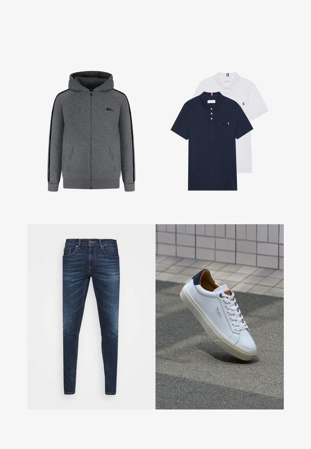Grå zip-up hættejakke med en frontlynlås, to frontlommer og sorte sideaccenter. Har en hætte samt ribbede manchetter og kant.; To polo skjorter: en marineblå og en hvid, begge med en lille rød, hvid og blå detalje på brystlommen og kraven.; Mørkeblå denim jeans med slim fit, subtil falming, fem lommer og metalknaplukning. Syede detaljer i kontrastfarve.; Hvide lædersneakers med en marineblå hæl, rund tå og kontrasterende brune detaljer. Har flade snørebånd og en tekstureret gummisål.