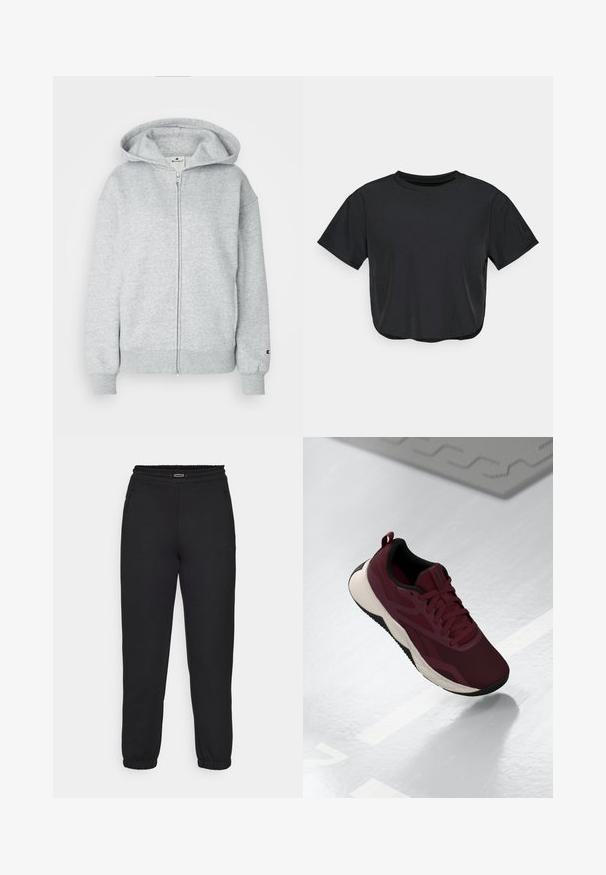 Champion ICONS FULL ZIP HOODIE LOGO - Felpa con zip - grey; Maglietta nera corta realizzata in materiale morbido, con scollatura rotonda, maniche corte e vestibilità comoda. Dettagli di cuciture sottili.; Champion C-TECH CUFFED PANTS INTERLOCK - Pantaloni sportivi - black; Scarpa atletica color borgogna con tomaia in rete, dettagli neri e suola bianca ammortizzata. Presenta chiusura con lacci e una linguetta sul tallone.