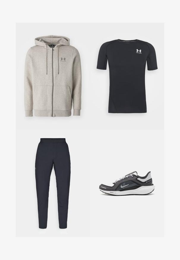 Šviesiai pilka „Under Armour“ užtrauktuku užsegama džemperis su priekinių kišenių ir raištelių kapisonu, rodomas prieš paprastą foną.; Juodas trumpomis rankovėmis sportinis marškinėlis, pagamintas iš drėgmės sugeriančios, tamprios medžiagos. Turi apvalų iškirpimą ir mažą baltą logotipą ant krūtinės.; Juodos sportinės kelnės su lygiu paviršiumi, siauru siluetu, elastingu juosmeniu ir šoninėmis kišenėmis. Mažas logotipas yra kairėje šlaunyje.; Juodas ir pilkas sportinis batelis su tinkleliu viršuje, atspindinčiais akcentais ir balta vidurinė dalimi. Yra tekstūruota guminė išorinė pada ir raišteliai.