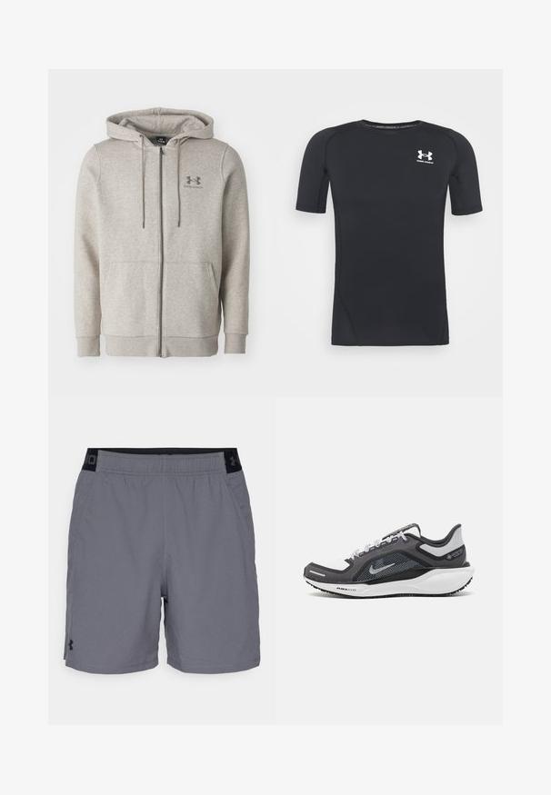 Light gray Under Armour zip-up hoodie with front pockets and drawstring hood, displayed against a plain background.; Black short-sleeve athletic shirt made of moisture-wicking, stretchy fabric. Features a round neckline and a small white logo on the chest.; Gray athletic shorts made of lightweight fabric, featuring an elastic waistband with black accents and side pockets. Simple design with no patterns.; Black and gray athletic shoe with a mesh upper, reflective accents, and a white midsole. Features textured rubber outsole and laces.