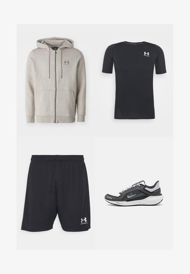Világosszürke Under Armour zipzáras kapucnis pulóver, elülső zsebekkel és húzózsinórral, egyszínű háttér előtt bemutatva.; Fekete, rövid ujjú sportpóló, nedvességelvezető, rugalmas anyagból készült. Kerek nyakkivágással és egy kicsi, fehér logóval rendelkezik a mellkason.; Fekete sportnadrág sima anyagból, rugalmas derékkal. Ezüst színű logóval a jobb alsó oldalon.; Fekete és szürke sportcipő, hálós felsőrésszel, fényvisszaverő részletekkel és fehér középtalppal. A talpa texturált gumiból készült, és fűzőkkel rendelkezik.