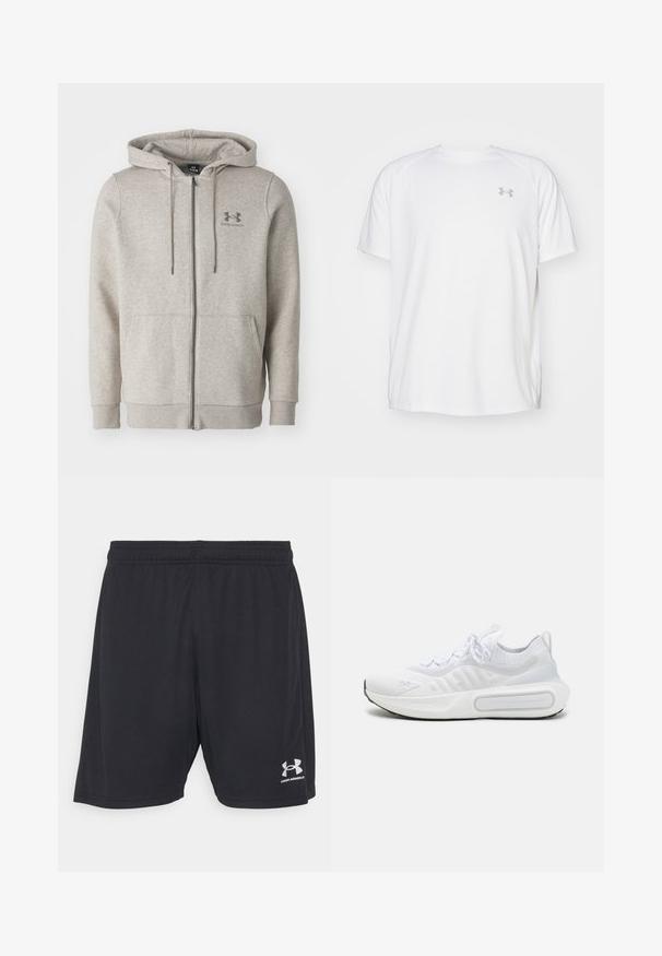 Lichtgrijze Under Armour zip-up hoodie met voorzakken en een capuchon met trekkoord, weergegeven tegen een effen achtergrond.; Witte sportieve T-shirt met korte mouwen, gemaakt van gladde stof. Heeft een ronde hals en een grijs logo op de linkerkant van de borst, met zijsplitten aan de zoom.; Zwarte sportshorts van gladde stof met een elastische tailleband. Bevat een logo in zilver aan de rechteronderkant.; Witte sportieve schoen met een geweven bovenkant, vetersluiting, gevoerde zool en een kenmerkend merkteken aan de zijkant.