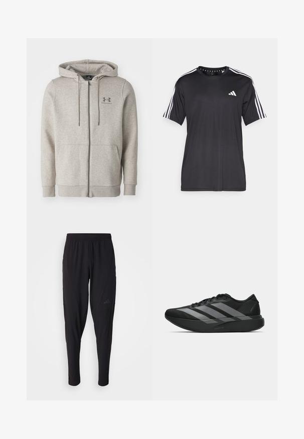 Moletom cinza claro da Under Armour com fecho zip e bolsos frontais, apresentado sobre um fundo plano.; T-shirt preta de mangas curtas com um design de três riscas brancas nos ombros e logótipo no peito. Feita de um tecido respirável, de textura suave.; Calças atléticas pretas com um cós elástico, design afunilado, bolsos laterais e detalhe discreto do logótipo. Feitas de um tecido flexível e respirável.; Sapatilhas desportivas pretas com um design leve, apresentando três faixas cinzas proeminentes, uma textura suave e uma sola contornada.