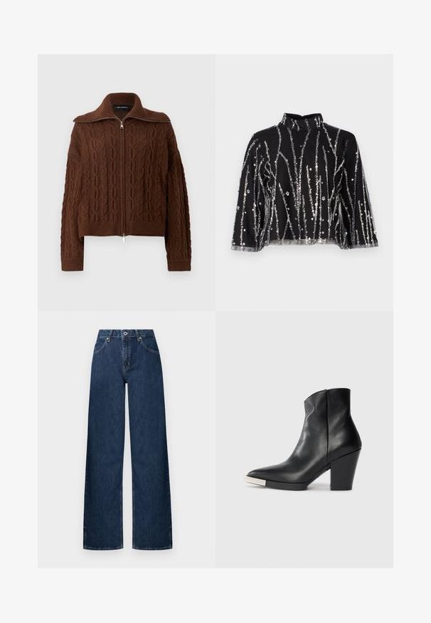 Pruun kaabliga palmikutrikoost kardigan kõrge krae ja täies pikkuses ees tõmblukuga. Omad pikad varrukad ning soonilised mansetid ja alumine serv. Lihtne hõbedane tõmbluku tõmblukuhoidja.; Mustmust lõhikuga must topp kõrgema kaelusega, millel on hõbedased säbrulised vertikaalsed read, läbipaistvad varrukad ja tekstureeritud kangas.; Laiade säärtega teksad tumedast teksast. Omavad klassikalist viie taskuga disaini, nööpidega sulgemist ja õrnat pleekimist põlvede juures.; Must mustaankle saapad terava nina, kõrge plokknina ja hõbedane varbakattega detail. Sile tekstuur ja lihtne disain.