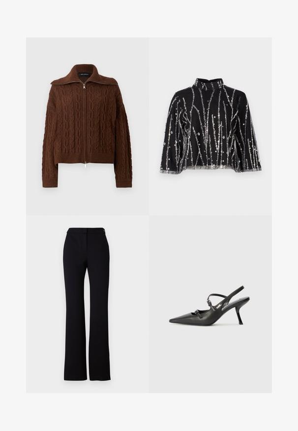 Hnedý sveter so vzorom pletenia (cable-knit) s celopredným zipsom a rebrovaným golierom, manžetami a lemom, zobrazený na čistom bielom pozadí.; Čierny crop top s vysokým golierom, ktorý má vertikálne strieborné trblietavé prúžky, priesvitné rukávy a textúrovanú látku.; Čierne nohavice so strihom do rovna, hladkým povrchom a pásom s jedným gombíkom na zapínanie. Žiadne viditeľné vzory ani akcenty.; Čierne kožené slingback topánky na vysokom podpätku s ostrou špicou, štíhlym podpätkom a dekoratívnym detailom s prackou na priehlavku. Hladká textúra a elegantný dizajn.