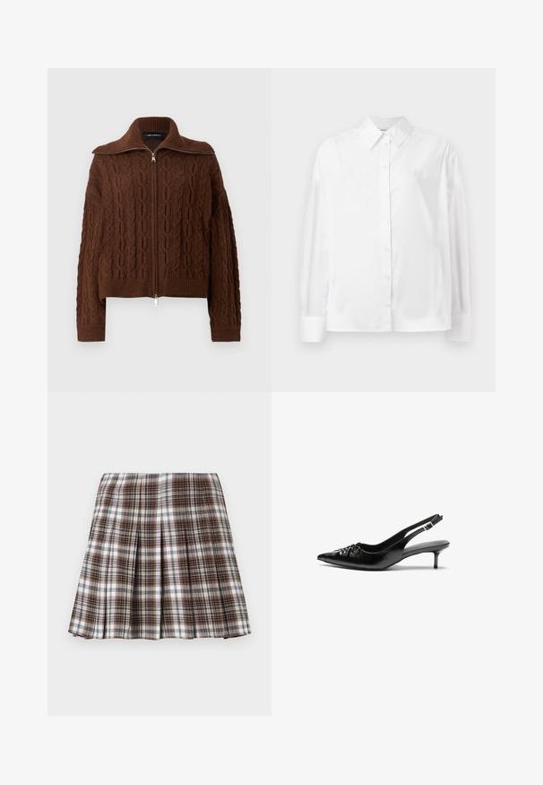 Bruine kabelgebreide cardigan met een hoge kraag en een volledige ritssluiting aan de voorkant. Heeft lange mouwen en geribbelde manchetten en zoom. Eenvoudige zilveren ritstrekkertje.; Witte langemouwige button-up shirt in een gladde katoenmix. Voorzien van een klassieke kraag, een knoopsluiting aan de voorkant en afgeronde manchetten.; Bruine en witte geplooide rok met een gestructureerd ontwerp en een frisse textuur, met een hoge taille en meerdere verticale plooien.; Zwarte leren slingback hakken met een spitse neus, kleine kittenhak en een decoratieve knoopdetail aan de voorkant. Smooth textuur overal.