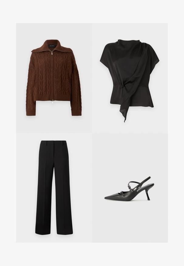 Rjav pulover s pletenim vzorcem iz kabelskih vezav, z zadrgo po celotni sprednji strani ter rebrastim ovratnikom, manšetami in spodnjim robom, prikazan na enostavni beli podlagi.; Črna bluza iz gladkega materiala, z drapirano zasnovo in vozlom na pasu ter kratkimi rokavi.; Črne široke hlače iz gladkega materiala, s prilagojenim krojem, z zankami za pas in brez vidnih vzorcev ali okrasnih elementov.; Črne usnjene sandale na peto s koničastim nosom, vitko peto in okrasno zaponko na sprednjem delu. Gladka tekstura in eleganten dizajn.