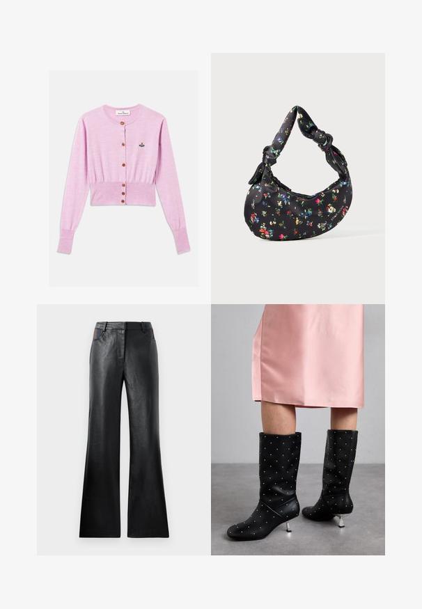 Cardigã cropped em rosa claro, feito de um tecido suave, com gola redonda e botões castanhos, apresentando um pequeno design bordado colorido no peito.; Duas camisas de manga longa: uma preta e uma branca. Ambas apresentam um decote redondo, mangas raglan e um tecido macio em mistura de algodão.; Calças flare de couro preto com uma textura suave, apresentando dois bolsos frontais com detalhes em preto e castanho perto da cintura.; Botas pretas até ao joelho, feitas de um material suave, com um padrão de tachas subtil e um salto de tom prateado. Combinadas com um vestido de cetim rosa.; Bolsa de mão em forma de crescente, preta, com estampado floral colorido e alças atadas, exibindo um pequeno logótipo metálico no canto inferior direito.