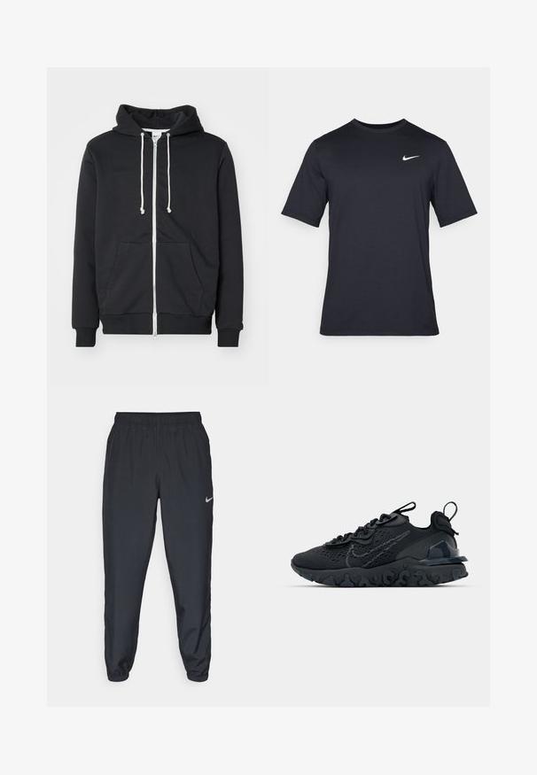 Sweatshirt preto com fecho, feito de mistura de algodão, apresentando um bolso frontal, capuz com cordão e detalhes em branco no fecho. Textura suave, design casual.; T-shirt Nike preto de manga curta, feito de um tecido suave, com um logo swoosh branco no lado superior esquerdo, gola redonda.; Calças de treino pretas feitas de um tecido leve, com um cós elástico, punhos nos tornozelos e um discreto logótipo da Nike no lado esquerdo.; Sapatilha atlética preta com parte superior de malha respirável, detalhes texturizados e sola de borracha ondulada. Apresenta um logotipo reflexivo e um sistema de atilho.