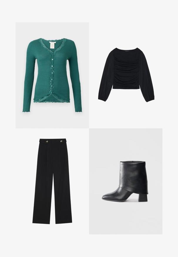 Rosemunde Casaco de malha - sea moss; Top preto de manga longa com detalhe de tecido franzido na parte da frente e nos pulsos, feito de material suave e elástico com decote à barco.; Calças largas pretas com cintura alta, detalhes em botão na cintura e pregas frontais.; Bota de tornozelo em couro preto com bico afilado, textura suave e um salto bloco estruturado. Apresenta um design de cano alto e dobrado.