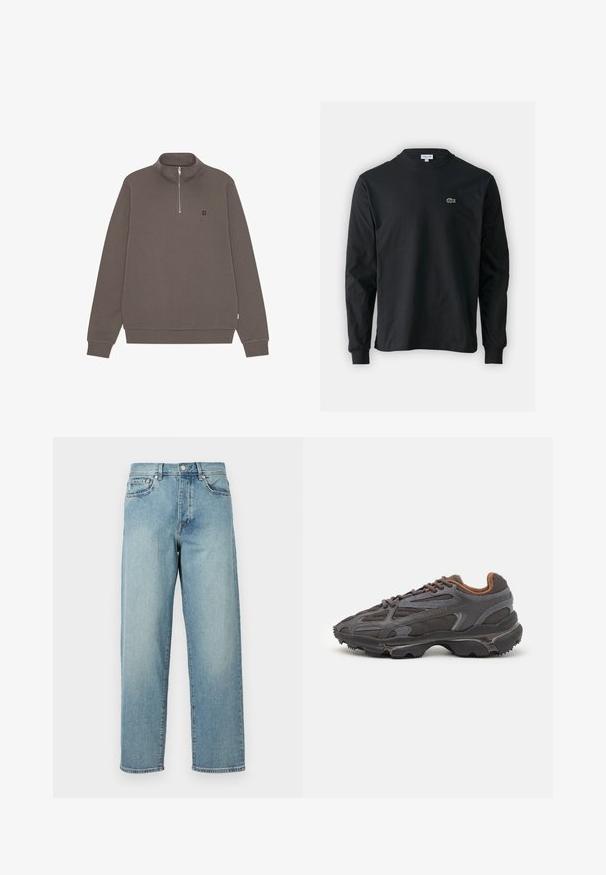 Bruine pullover met kwartrits van katoenmix. Voorzien van een opstaande kraag en geborduurde "II" op de borst. Geribbelde manchetten en zoom.; Zwarte longsleeve t-shirt van katoen, met een ronde halslijn en een klein groen geborduurd krokodillenlogo op de linkerborst.; Lichtblauwe denim jeans met een losse pasvorm, rechte pijpen, een vijfzakkenontwerp en een knoopsluiting bij de taille. Minimalistische stikdetails.; Lacoste sneakers in donkergrijs van mesh en synthetisch materiaal, met een gestructureerde zool en bruine accenten op de kraag en branding.