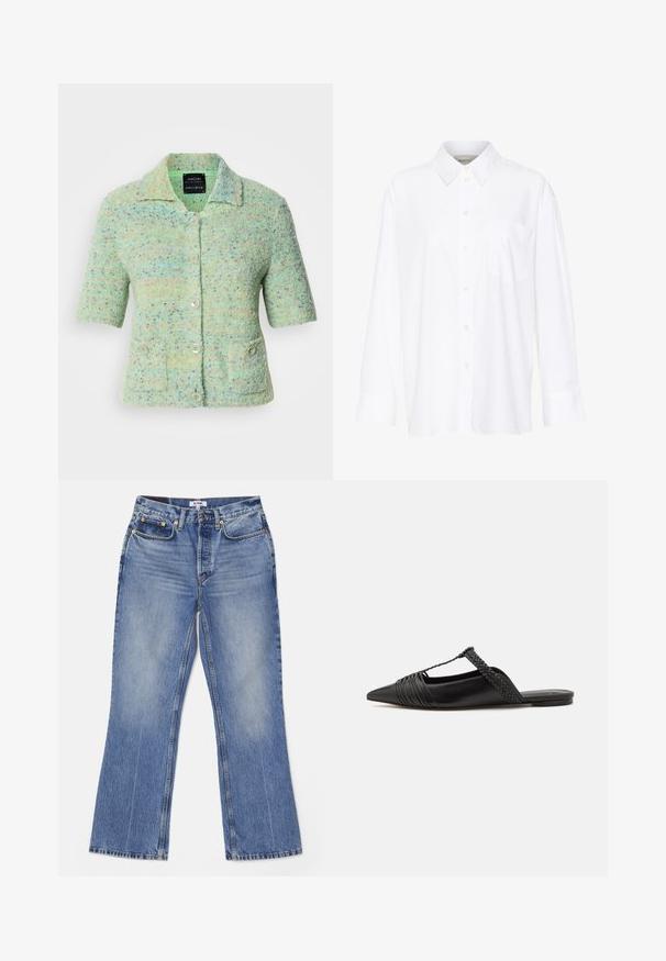 Krótkorękawowy kardigan w miętowym kolorze, wykonany na drutach, z teksturowanym wykończeniem, z kolorowymi plamkami, kołnierzykiem i czterema zapięciami na guziki.; Biała, długosleeve'owa koszula z kołnierzykiem, wykonana z bawełny. Posiada zapięcie na guziki z przodu oraz jedną kieszeń na piersi. Gładka tekstura, luźny krój.; RE/DONE - Jeansy Bootcut; Czarny skórzany but na odkrytej pięcie z pointed toe, ozdobiony plecionym akcentem i plisowanym wzorem górnej części. Płaska podeszwa z minimalnymi elementami.