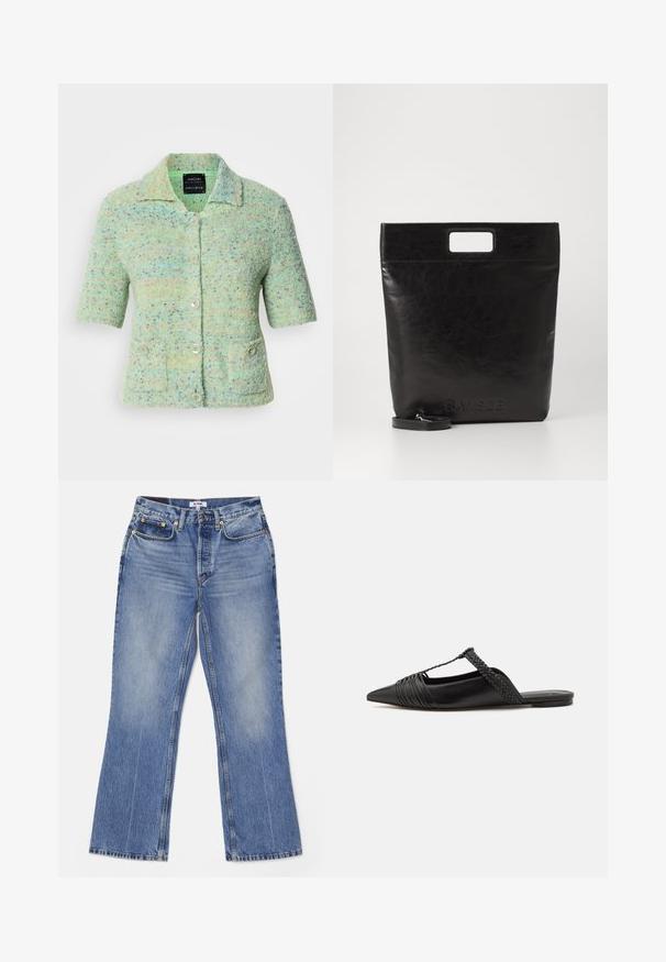 Rövid ujjú, menta zöld, kötött kardigán, texturált felülettel, színes pöttyökkel, gallérral és négy gombbal. ; Fehér, hosszú ujjú, galléros ing, amely pamutból készült. Gombos elülső része és egyetlen mellzsebe van. Simított textúra, laza szabás.; RE/DONE LOOSE - Bootcut farmer - hacienda; Fekete bőr slingback cipő hegyes orral, szőtt díszítéssel és redőzött felső dizájnnal. Lapos talp minimális hardverrel.; Fekete bőr bevásárlótáska négyzet alakú fogantyúval, texturált felülettel és dombornyomott logóval. Tartalmaz egy levehető pántot.