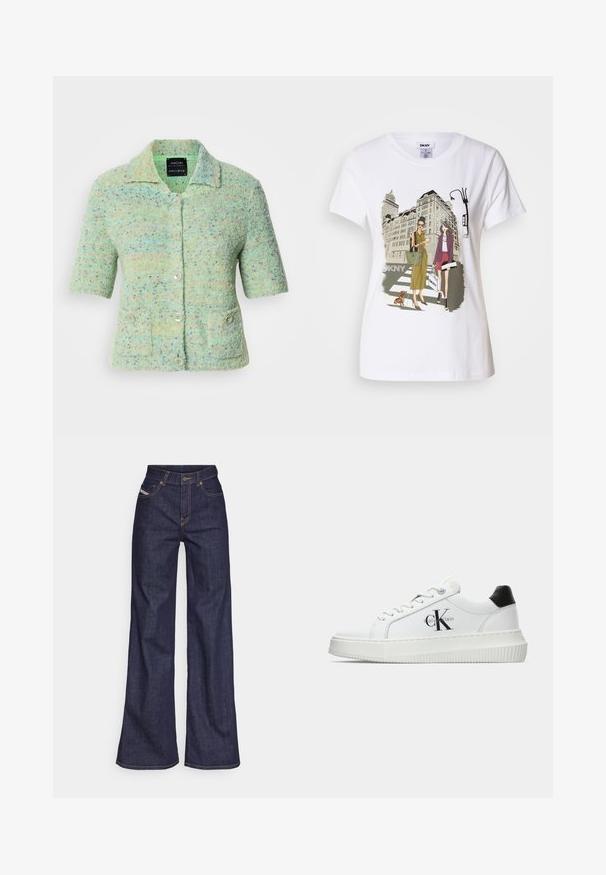 Short-sleeve mint green knitted cardigan with a textured finish, featuring colorful speckles, a collar, and four button closures.; White cotton T-shirt featuring a printed illustration of two women in urban fashion styles with a dog on a crosswalk and city buildings.; Dark blue wide-leg jeans in denim fabric with a high waist, featuring orange stitching, five-pocket design, and a button closure.; White low-top sneaker with black heel tab, platform sole, laces, and Calvin Klein "CK" logo on the side.
