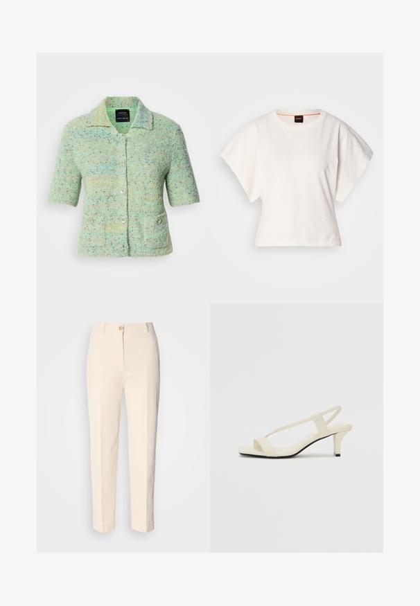 Short-sleeve mint green knitted cardigan with a textured finish, featuring colorful speckles, a collar, and four button closures.; White cropped T-shirt, short wide sleeves, soft cotton material, round neckline with subtle orange trim, minimal design, no patterns or graphics.; Cream-colored, high-waisted trousers made of textured fabric. Features a front button closure and tapered legs.; Beige block-heeled sandals with thin straps and a square toe. Smooth material with minimal detailing, designed for easy wear.