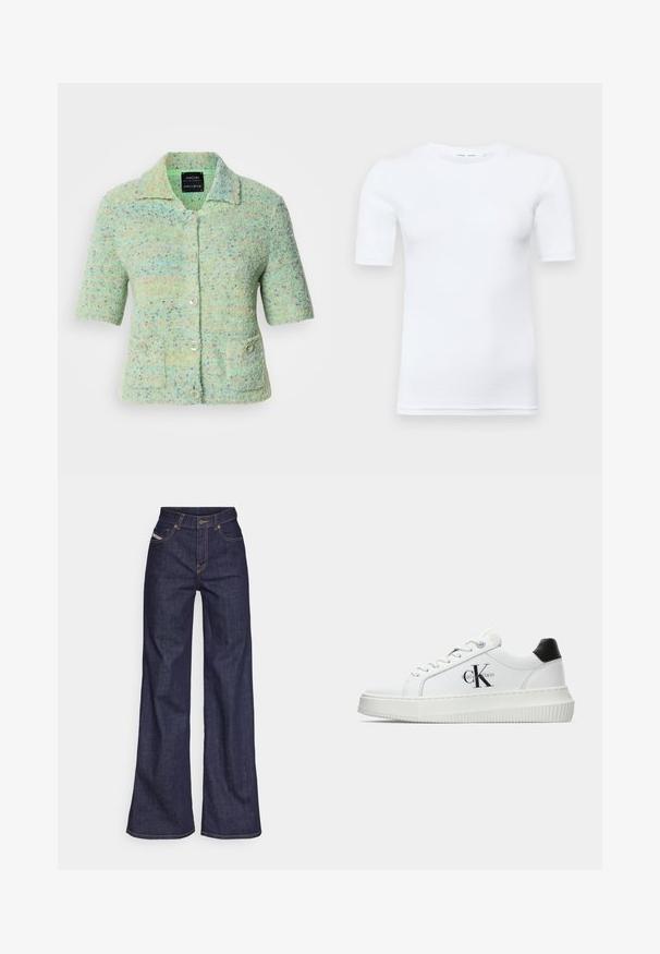 Korte mouw mintgroene gebreide cardigan met een gestructureerde afwerking, voorzien van kleurrijke spikkels, een kraag en vier knoopsluitingen.; Witte korte mouw t-shirt gemaakt van katoen. Heeft een ronde halslijn en een gladde textuur, met minimale stiksels zichtbaar aan de zoom.; Donkerblauwe wijde jeans van denimstof met een hoge taille, voorzien van oranje stiksels, een vijf-pocket ontwerp en een knoopsluiting.; Witte lage sneaker met zwarte hiel tab, plateauzool, veters en Calvin Klein "CK" logo aan de zijkant.