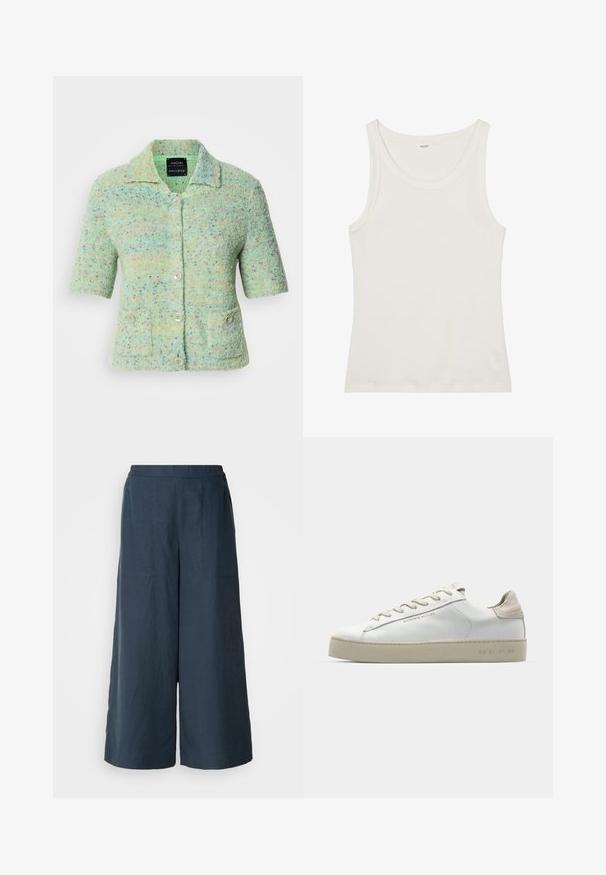 Cárdigan de punto de manga corta en verde menta con un acabado texturizado, que presenta motas de colores, cuello y cuatro cierres de botón.; Top de algodón blanco sin mangas con un escote amplio y tirantes finos. Textura suave sin patrones o embellishments visibles.; Pantalones de pierna ancha en azul marino, fabricados con un material ligero. Presentan una superficie ligeramente texturizada, cinturilla elástica y costuras en la parte delantera.; Zapatilla de deporte blanca de cuero con un acabado suave, acentos de gamuza beige, punta redonda, diseño plano con cordones y suela de goma texturizada.