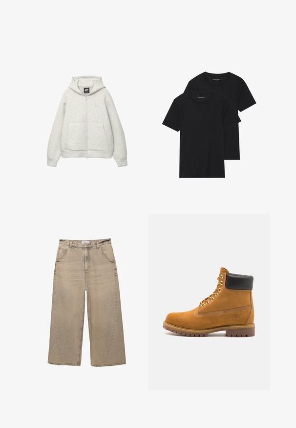 Felpa grigia con zip realizzata in tessuto morbido, dotata di tasca frontale, cappuccio regolabile con cordino e un piccolo logo nella zona del petto.; Due magliette nere di cotone a maniche corte, con scollatura rotonda e una texture liscia, esposte impilate insieme.; PULL&BEAR MEGA BAGGY - Jeans baggy - light grey; Stivale alla caviglia in suede tan con collare imbottito nero, occhielli in metallo dorato, dettagli in cucitura bianca e suola in gomma robusta con battistrada pronunciato.