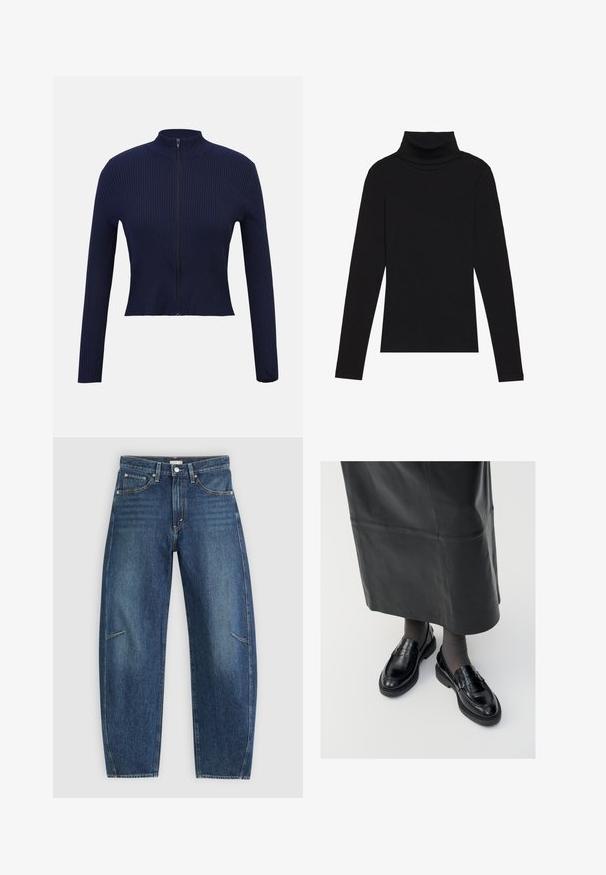 Maglione blu navy a coste con zip, maniche lunghe, collo alto e design corto. Tessuto strutturato con finitura liscia.; Maglione a collo alto nero a maniche lunghe, realizzato in tessuto a coste, presenta un design aderente con un collo alto e senza motivi o dettagli.; Jeans in denim blu scuro con design a gamba dritta, caratterizzati da tasche anteriori, cuciture a contrasto e una leggera texture sbiadita lungo le gambe.; Mocassini in pelle nera con una finitura liscia, dotati di una fascia decorativa, punta rotonda e suola texturizzata. Indossati con una lunga gonna in pelle nera.