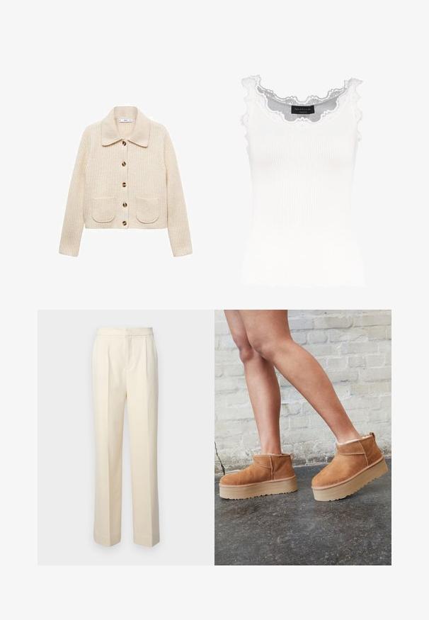 Kremno obarvana, rebrasta pletena jopica s ovratnikom, sedmimi gumbi in dvema sprednjima žepoma. Teksturna tkanina z udobnim videzom.; Bela rebrasta majica bez rukava z čipkastim obodom na izrezu in rokavih. Ima mehko teksturo in prilegajočo obliko. Znamka vidna znotraj.; Prilagojeni kremni hlače z ravnimi hlačnicami, ki vključujejo sprednje plishe in gladek zaključek. Pas je raven in brez okrasnih elementov.; Rjavi semiš škornji do gležnjev s puhastim podlogo, debelim bež platformnim podplatom in zanko na zadnji strani. Teksturirana površina z vidnimi šivi.