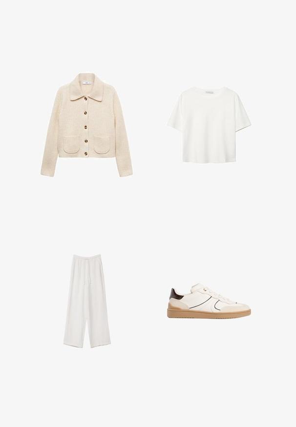 Krem boje, rebrasti pleteni kardigan s ovratnikom, sedam dugmadi i dva prednja džepa. Tekstuirana tkanina koja djeluje udobno.; Bijela majica kratkih rukava od pamuka. Ima okrugli izrez i opušteni kroj. Glatka tekstura bez vidljivih uzoraka ili naglasaka.; Bijele hlače širokih nogavica napravljene od lagane tkanine. Imaju elastičan pojas s ušicom i bočne džepove. Glatka tekstura.; Stradivarius Tenisice - white