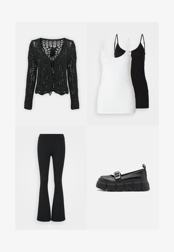 ONLY Tall ONLLIZZY - Vesta na kopčanje - black; Dva ženska topa bez rukava: jedan bijeli i jedan crni, izrađeni od mekog materijala, s tankim naramenicama i dubokim V-izrezom.; Crne trapezaste hlače od rastezljivog materijala, sa visokim pojasom i glatkom teksturom. Hlače se šire od koljena.; Crne platforme loaferice s zaobljenim nožnim prstom, glatka kožna gornja strana, podesiva kopča i strukturirana gumena potplat s horizontalnim rebrima.