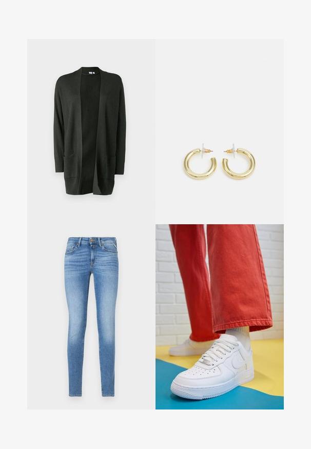 Dunkelgrüner Cardigan aus weichem Strickmaterial, mit offenem Vorderteil, langen Ärmeln und zwei vorderen Taschen. Leicht und vielseitig.; Drei langärmelige Oberteile gestapelt: schwarz, grau und weiß. Jedes hat einen runden Halsausschnitt und ein kurzes Design aus glattem, leichtem Stoff.; Slim-Fit hellblaue Jeans im Denim-Stil mit mittelhohem Bund, vorderem Knopf und Fünf-Taschen-Design.; Weiße Leder-Sneaker mit perforiertem Zehenbereich, strukturiertem Sohlen und weißen Schnürsenkeln, kombiniert mit weiten roten Hosen und einem blauen und gelben Hintergrund.; Goldene Creolen mit einer glatten, glänzenden Oberfläche. Zirkuläres Design mit einem kleinen Stecker und einer klaren Rückseite für einen sicheren Sitz.