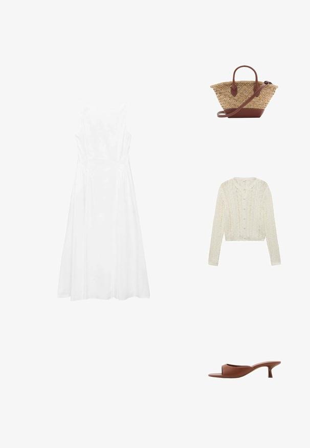Witte gebreide cardigan met lange mouwen, een ronde halslijn en knoopsluiting, met een gestructureerd patroon en cropped ontwerp.; Witte mouwloze jurk met een eenvoudig ontwerp, A-lijn vorm, gladde textuur en naaddetails aan de zijkanten.; Bruine open teen hakschoenen met een gladde, matte afwerking, met een gebogen ontwerp en een transparante, taps toelopende hak.; Geweven rieten tas met bruin lederen accenten, twee handvatten en een afneembare schouderband. Gebogen vorm met een stevige basis.