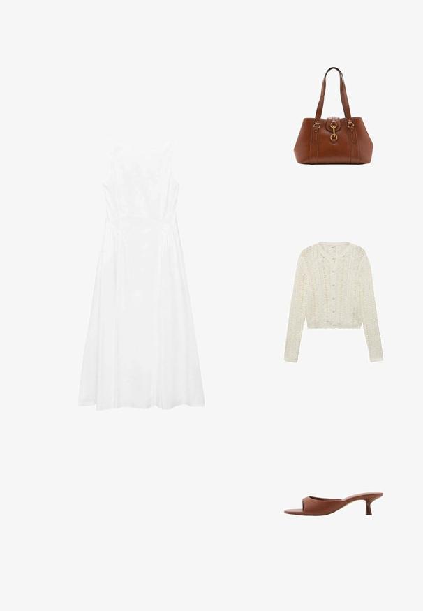 Cardigan bianco in maglia con maniche lunghe, scollatura arrotondata e chiusura con bottoni, caratterizzato da un motivo testurizzato e un design cropped.; Abito bianco senza maniche con un design semplice, forma a trapezio, texture liscia e dettagli delle cuciture lungo i lati.; Mule con tacco aperto di colore marrone, con una finitura liscia e opaca, caratterizzate da un design curvo e un tacco trasparente e affusolato.; Borsa a tracolla in pelle marrone con doppie cinghie, forma arrotondata, accessori in oro e un dettaglio con fibbia centrale. Texture liscia con rifiniture cucite.